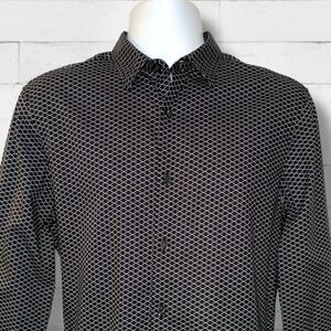 Perry Ellis Slim Fit Long Sleeve Button-Up Shirt Men’s M Black White Micro Print